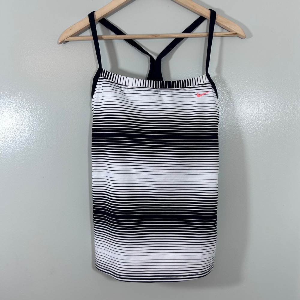 Nike Womens Striped Tankini Swim Top Black White Pink Logo Size L